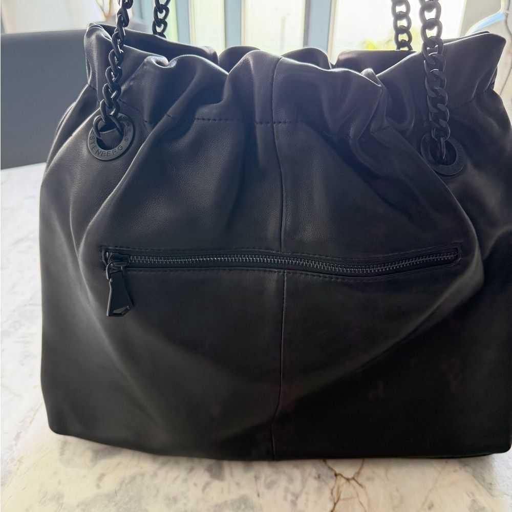 Aimee Kestenberg Black Leather Drawstring Tote with Chain Handles